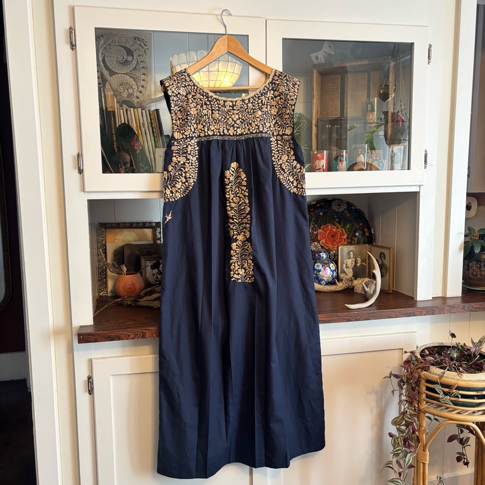 Mi Golondrina Midnight Blue Dress with Gold Floral Embroidery